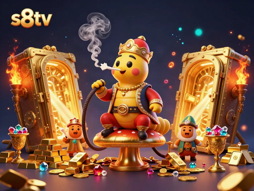 Experience vibrant winnings at s8tv with a cartoon caterpillar master amidst riches and gambling symbols.