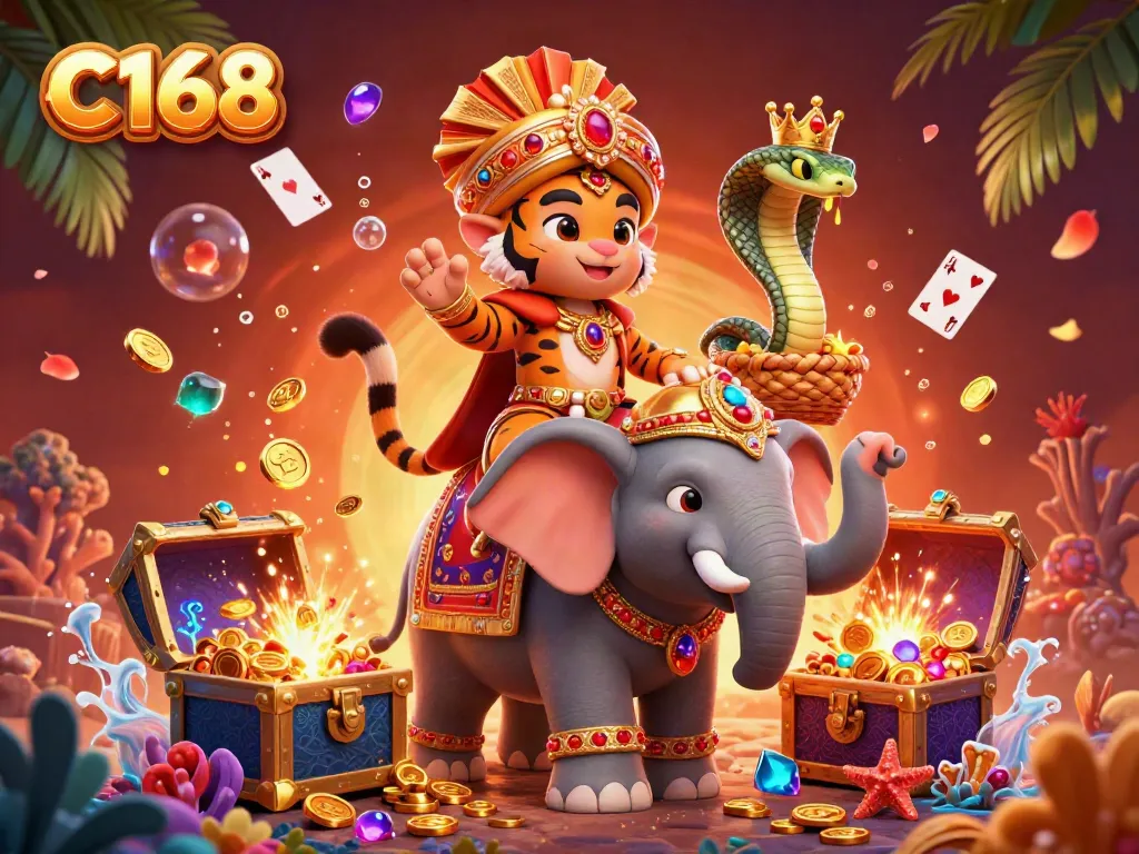 C168 showcases a vibrant 3D cartoon scene with a maharaja tiger, elephant, and cobra, symbolizing online casino excitement.