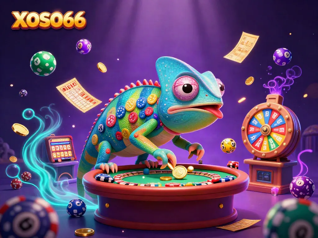 XOSO66 brings excitement with a vibrant casino scene featuring a chameleon owner and lottery elements.