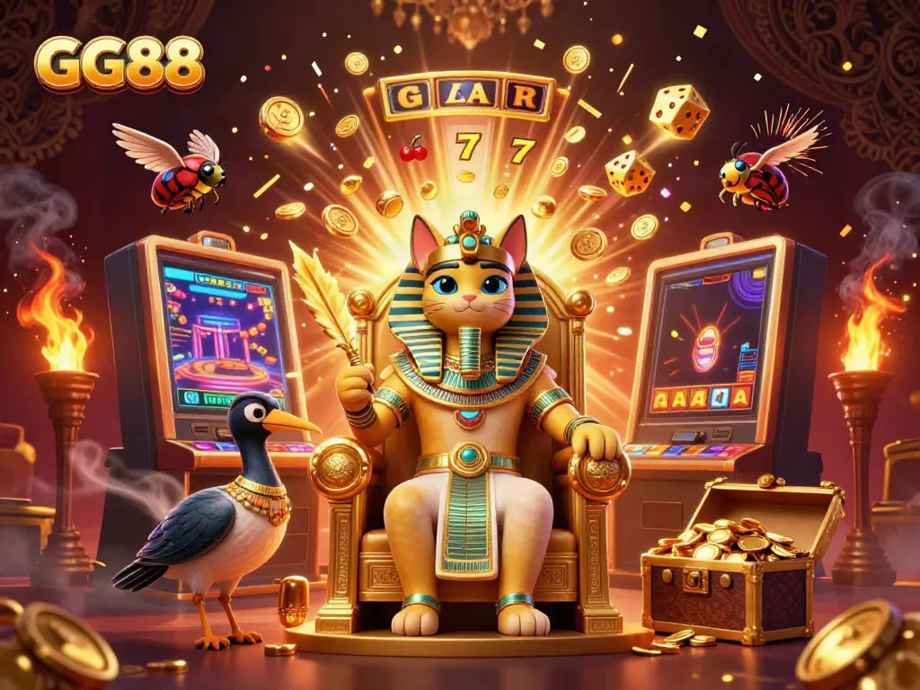 Experience the excitement of GG88 with a colorful Egyptian-themed casino scene featuring vibrant characters and jackpot rewards.