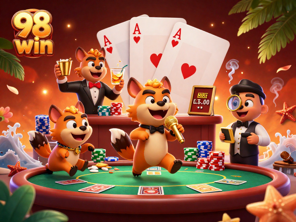 Experience the excitement of 98 win at a lively comedy casino club with hyenas and dynamic gaming elements.