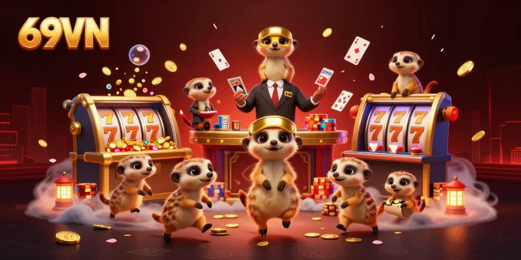 Experience the vibrant casino atmosphere of 69VN with lively meerkats managing games, surrounded by dazzling treasures and dynamic visuals.