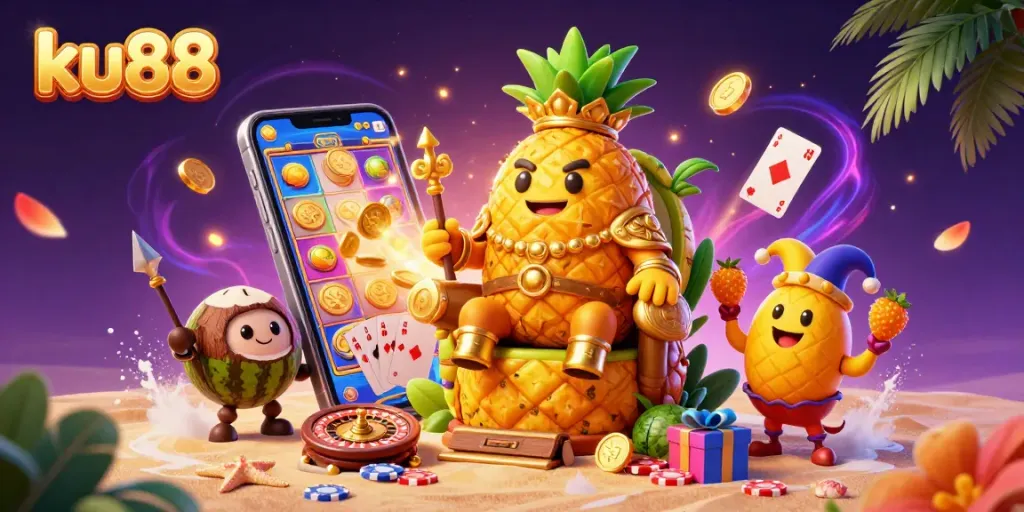 Engage with ku88's vibrant beach casino featuring a golden pineapple king and dynamic gameplay elements.
