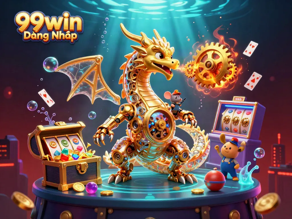 Experience thrilling games at 99win Đăng Nhập with a golden dragon illustration and vibrant treasures.