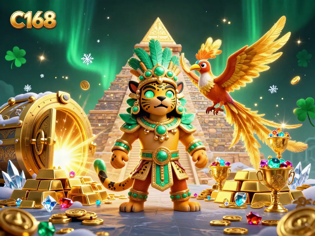 Experience riches at C168, with a Mayan priest and treasures illuminated by gold light.
